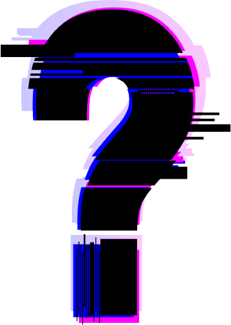 A big question mark in a blue, black, and pink color
