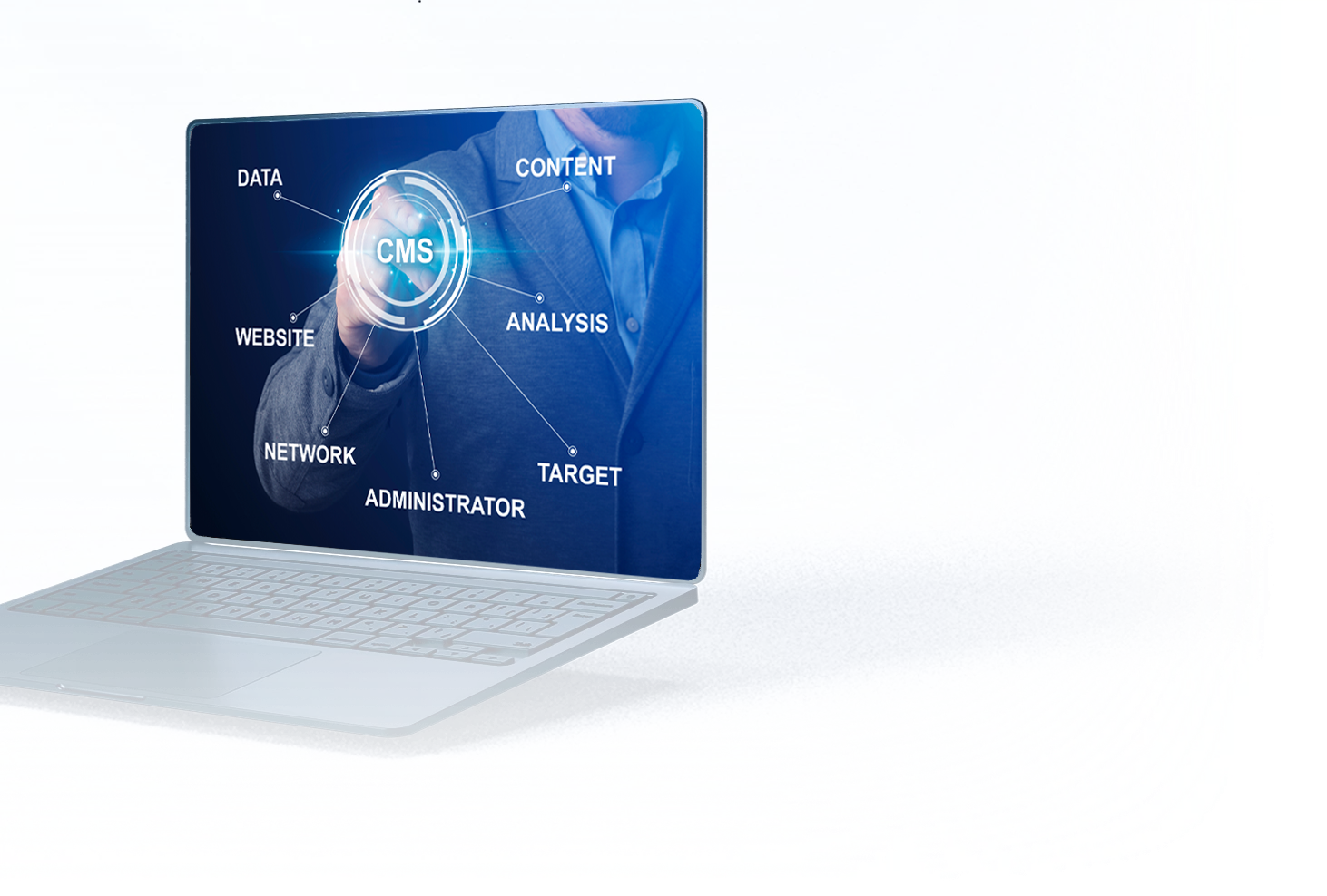 there is a laptop that shows CMS and options that they are connected to it like website, network, target, and etc.